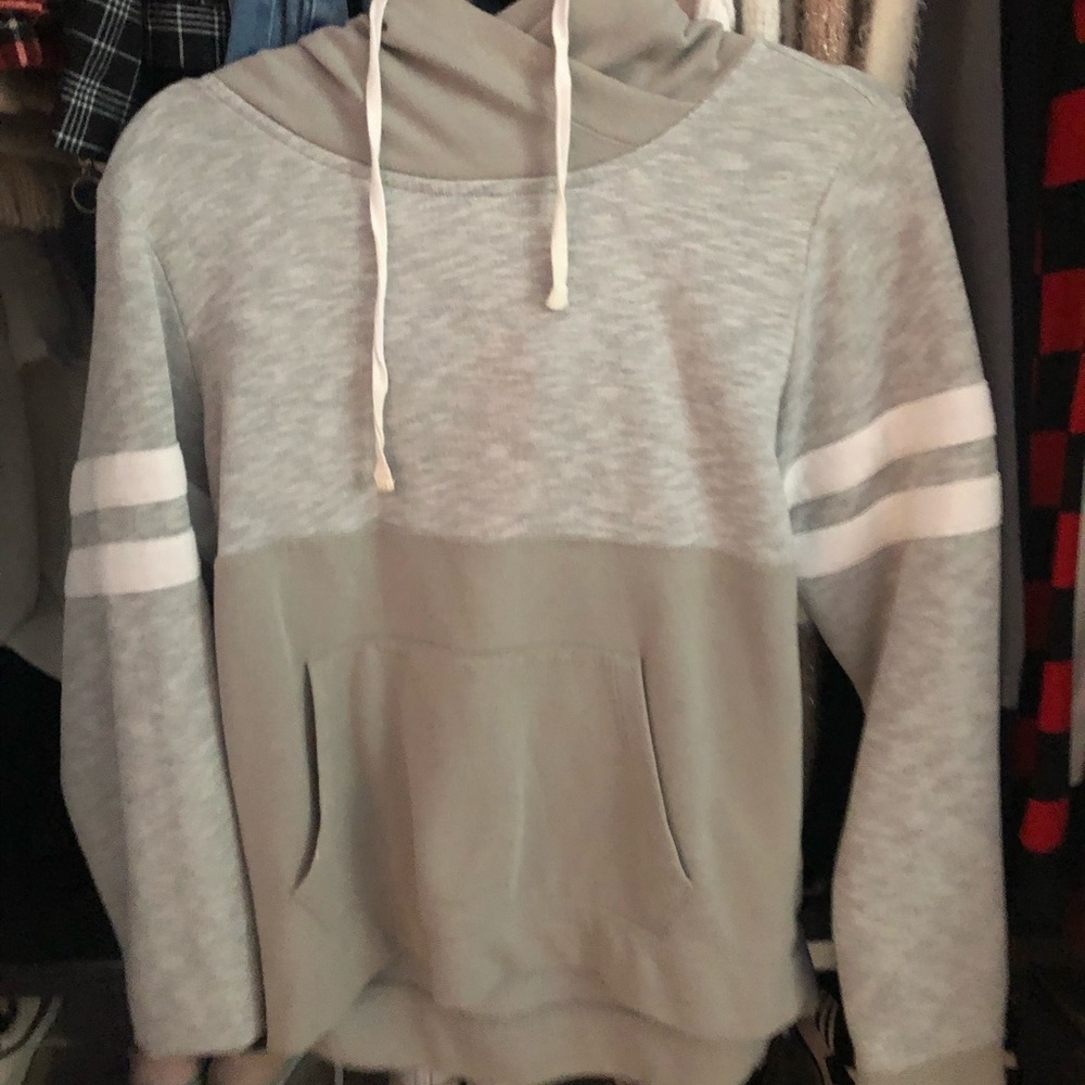 Grey,white stripped, graphic pink on hood